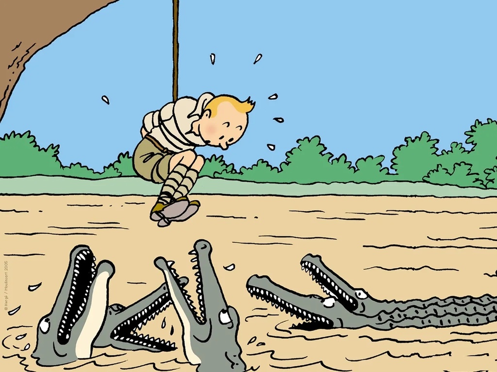Tintin pendu à l'arbre au-dessus des crocodiles